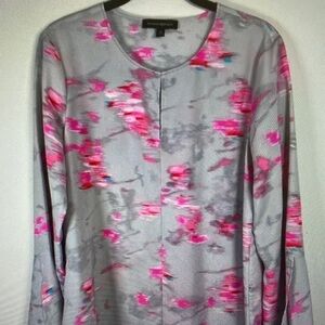 Ann Taylor Gray Blouse with Pink Floral Print